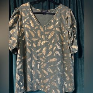 Love Forever Feather Print Blouse with Ruched Sleeves